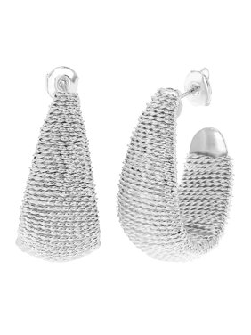 Silver Plated Wire Wrapped Braided Mesh Exotic Half Hoop Womens Earrings