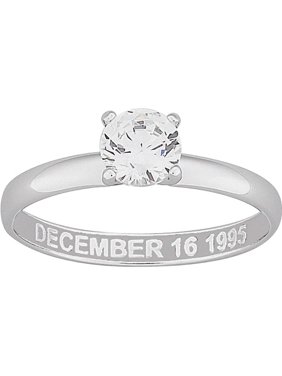 Personalized CZ Solitaire Sterling Silver Engraved Engagement Ring