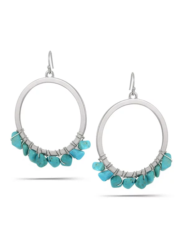 WOMEN'S SILVER TURQUOISE CRYSTAL ROUND DROP EARRINGS
