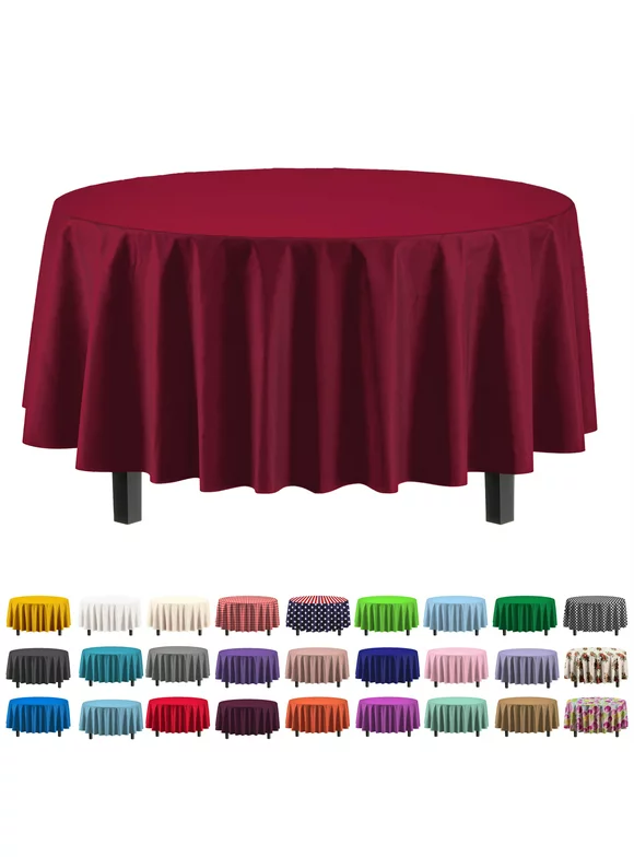12 Pack Premium Plastic Disposable 84 inch Round Tablecloth, Burgundy Round Table Covers
