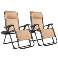 2PC Zero Gravity Chair Oversize Lounge Patio Heavy Duty Folding Recliner Beige