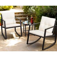 Walnew 3 Pieces Patio Furniture Set Rocking Wicker Bistro Sets Modern Outdoor Rocking Chair Furniture Sets Cushioned PE Rattan Chairs Conversation Sets with Glass Coffee Table (Black)