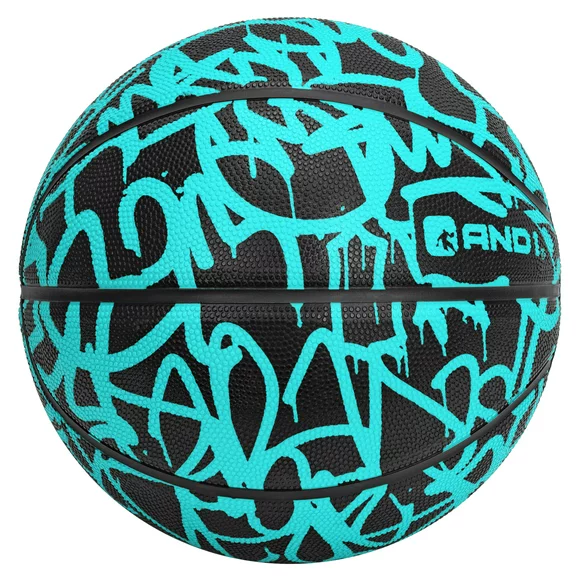 AND1 Graffiti Printed Rubber Basketball- Intermediate Size Streetball (28.5"), Made for Indoor and Outdoor Basketball Games (Mint/Black)