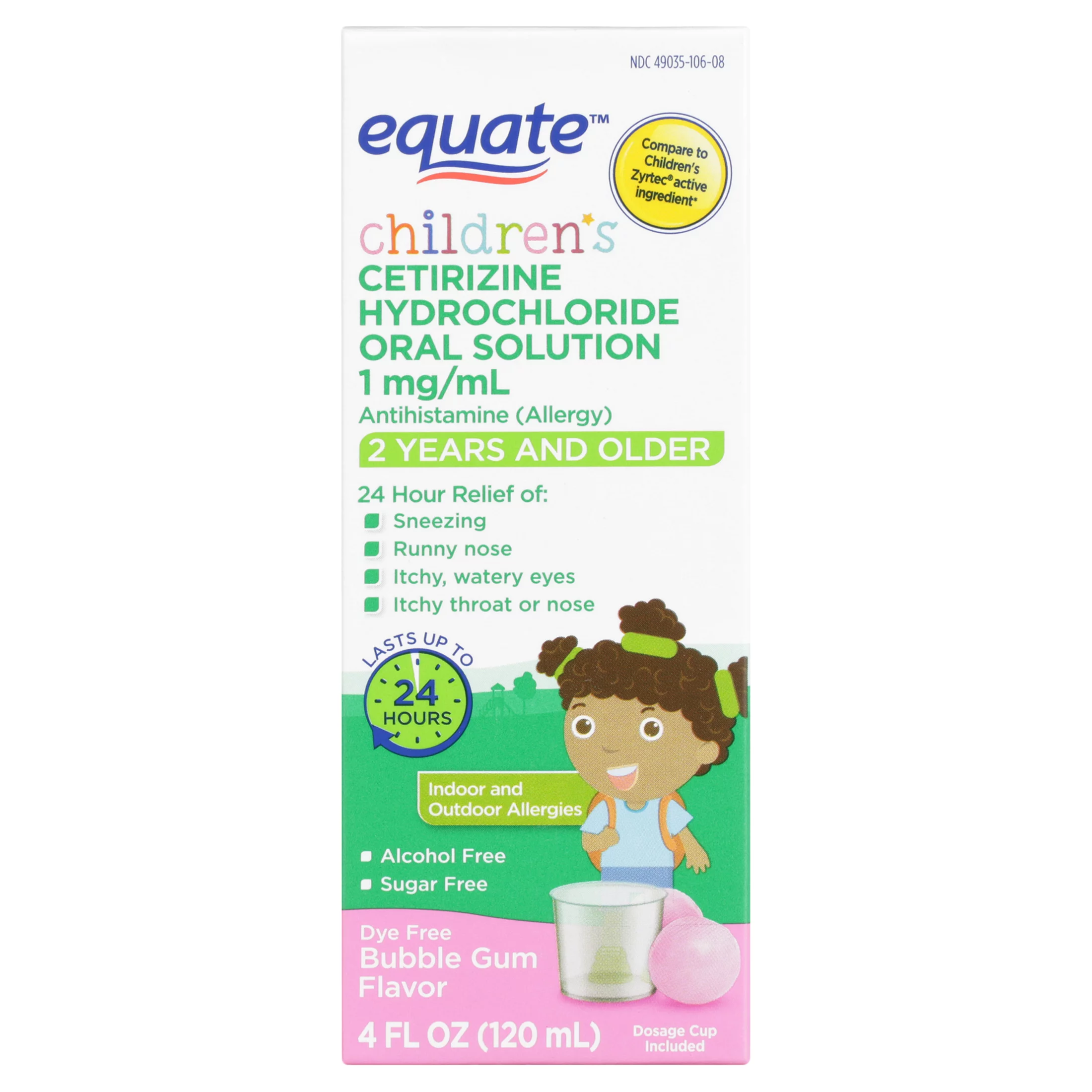 Equate Children's Allergy Relief Cetirizine Hydrochloride Oral Solution, Bubble Gum, 4 fl oz