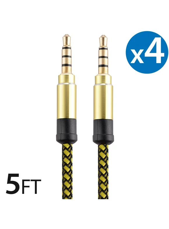 4x 3.5Mm Male To Male Audio Cable by FREEDOMTECH 5FT Universal Auxiliary Cord 3.5mm Male to Male Round Braided Audio Aux Cable w/Aluminum Connector for iPods iPhone iPads Galaxy Home Car Stereos
