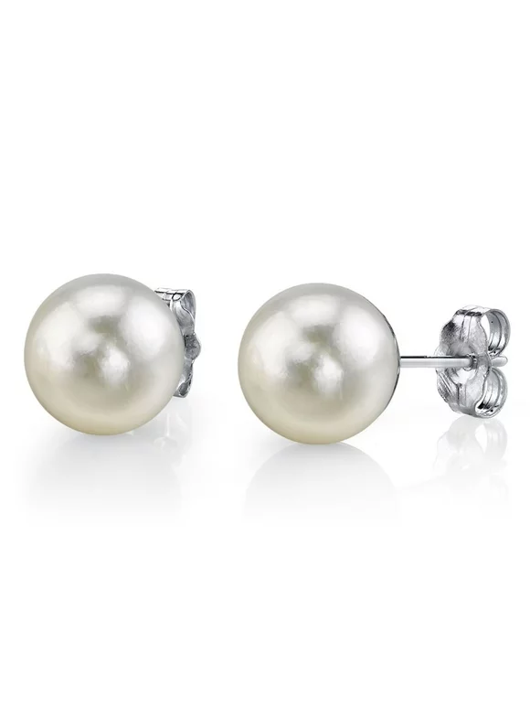 14K Gold 8.0-8.5mm Hanadama White Akoya Cultured Pearl Stud Earrings