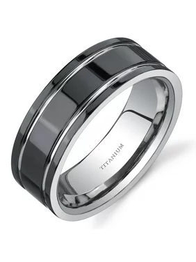 Men's 8mm Black and Silver Tone Comfort Fit Wedding Band Ring in Titanium