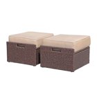 JOIVI 2 Pieces Outdoor Patio Ottoman, All Weather Wicker Rattan Ottoman Set, Extra Large Outdoor Footstool Footrest with Thick Beige Cushions, Espresso Brown
