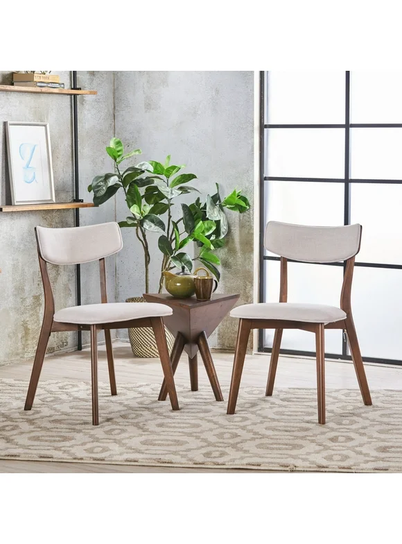 Noble House Sadie Indoor Mid-Century Fabric Dining Chairs, Set of 2, Beige, Walnut