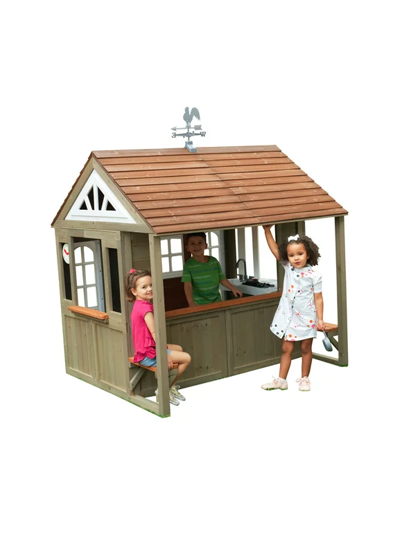 KidKraft Country Vista Wooden Outdoor Playhouse with Double Doors, Play Kitchen & Benches