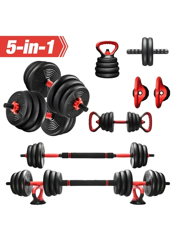 Pithage 5 in 1 Dumbbell Barbell Kettlebell Set 40LB Adjustable Free Weight Set  for Home Gym, Black