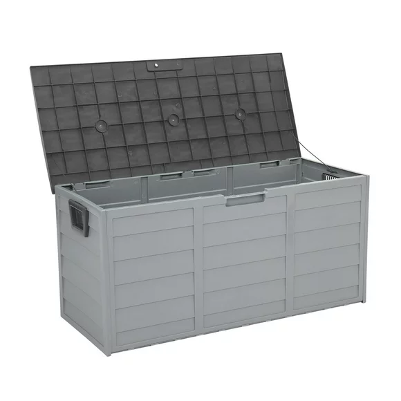 Ktaxon 75gal 260L Outdoor Garden Plastic Storage Deck Box Lockable Chest Tools Cushions Toys Seat Grey