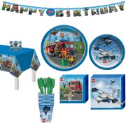 Party City Lego City Birthday Tableware for 8 Guests, Firetruck and Police Plates, Napkins, Utensils, and Decorations