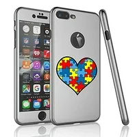 For Apple iPhone 360 Full Body Thin Slim Hard Case Cover + Tempered Glass Screen Protector Heart Puzzle Autism Color (Silver For iPhone 6 Plus / 6s Plus)
