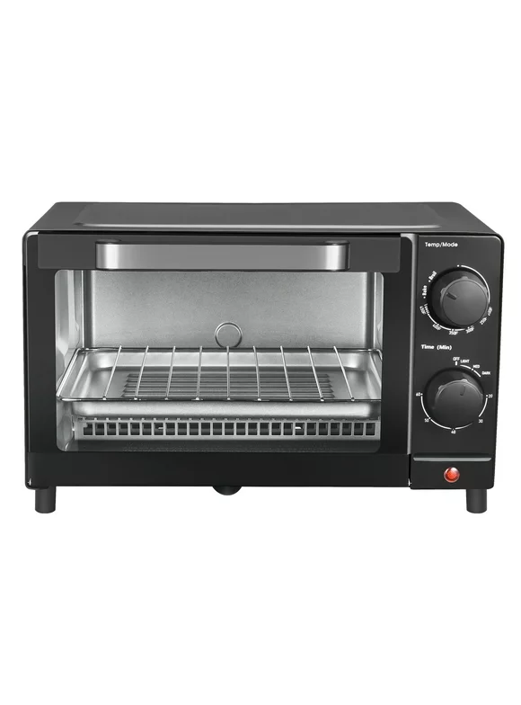 Mainstays 4 Slice Toaster Oven with 3 Setting, Baking Rack and Pan, Black, New