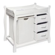 Badger Basket Sleigh Style Baby Changing Table with Hamper and 3 Baskets, White, Includes Pad