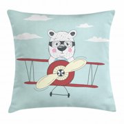 Kids Boys Throw Pillow Cushion Cover, Hand Drawn Pilot Bear Flying a Plane in Open Sky Funny Childish Cartoon, Decorative Square Accent Pillow Case, 18 X 18 Inches, Cream Pale Blue Ruby, by Ambesonne