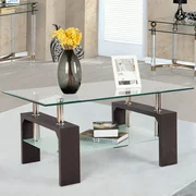 Costway Rectangular Tempered Glass Coffee Table w/Shelf Wood Living Room Furniture