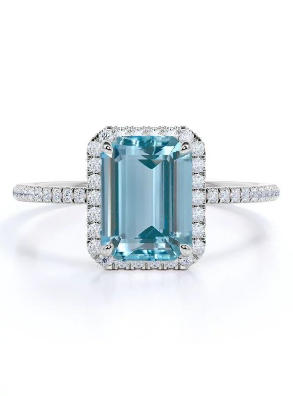 1.5 Carat Emerald Cut Created Aquamarine and Double Halo Diamond Engagement Ring in 18k White Gold over Silver