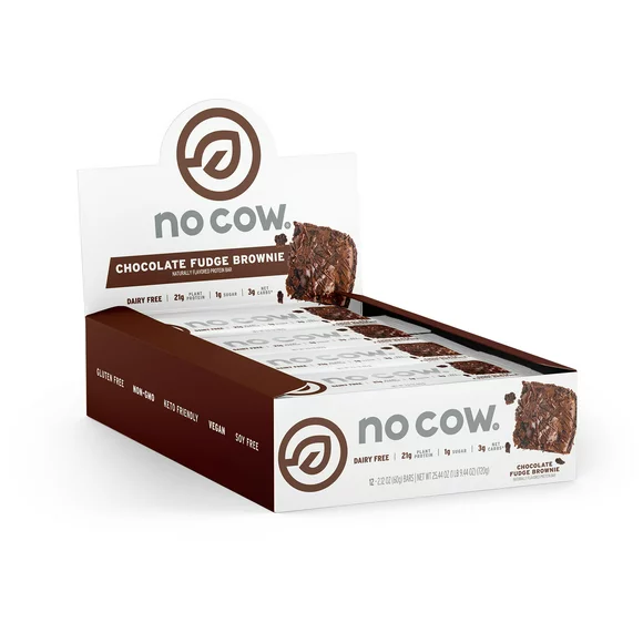 No Cow Vegan Protein Bars, Chocolate Fudge Brownie, Box of 12