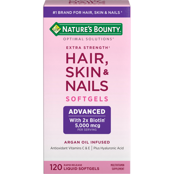 Nature's Bounty Optimal Solutions Advanced Hair, Skin and Nail Biotin & Vitamins A, C, & E Softgels, 120 Ct