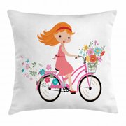 Kids Throw Pillow Cushion Cover, Happy Little Girl with Bunch of Flowers Riding a Bike Cheerful Childhood Activity, Decorative Square Accent Pillow Case, 18 X 18 Inches, Multicolor, by Ambesonne