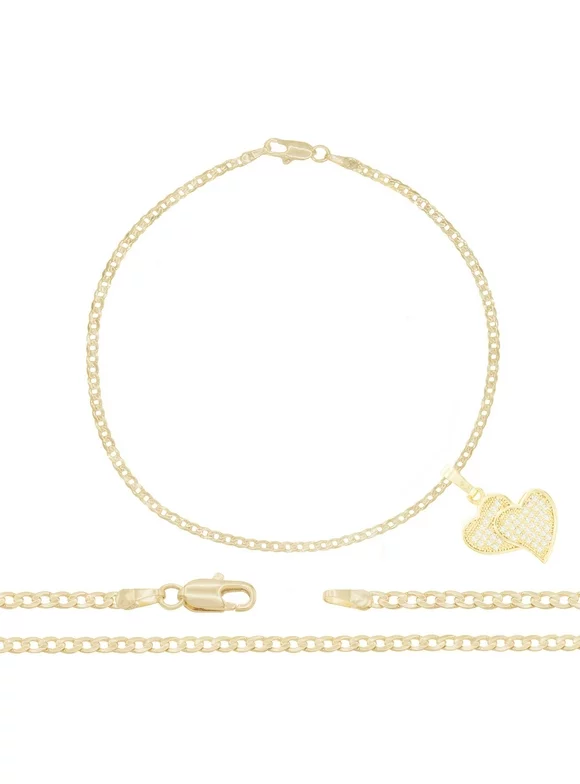 BEBERLINI Heart CZ Pendant 14K Gold Filled Cuban Link Anklet Set 2.5 mm Chain 10" Foot Bracelet Jewelry for Adult Female Teen Girls Brass