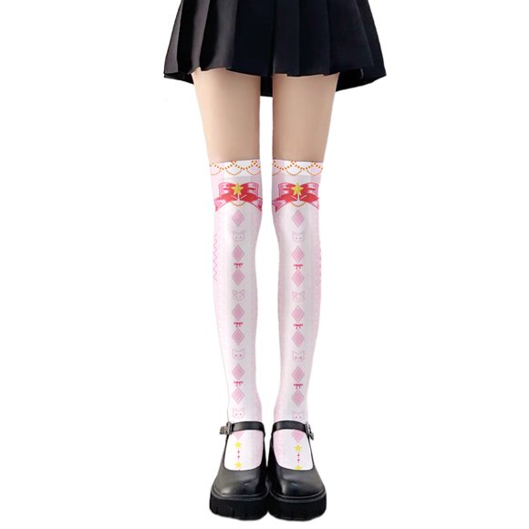 Women Lolita Diamond Cat Bowknot 3D Print Over Knee Stockings Japanese Anime Sweet Girl Cartoon Cosplay Thigh High Socks