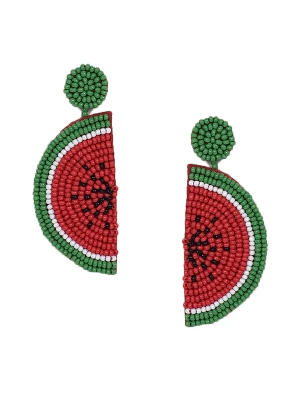 Juicy Watermelon Slice Beaded Drop Earrings, Red