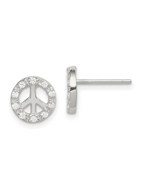 Peace Symbol CZ Post Earrings In 925 Sterling Silver 9x9 mm