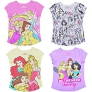 Disney Princess Girl's 4 Pack Short Sleeves Tee Shirt Set, Fashionable Bundle for Kids