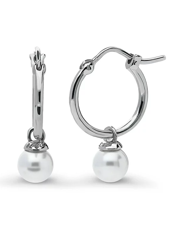 BERRICLE Sterling Silver Solitaire White Round Imitation Pearl Anniversary Dangle Drop Earrings for Women, Rhodium Plated