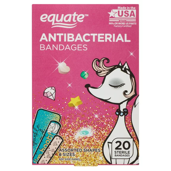 Equate Kids Antibacterial Bandages, Assorted Sizes, 20 Count