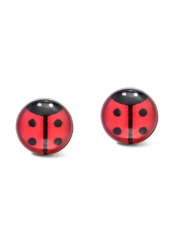 Petite Red Colored Enamel Beetle or Lady Bug .925 Sterling Silver Stud Earrings