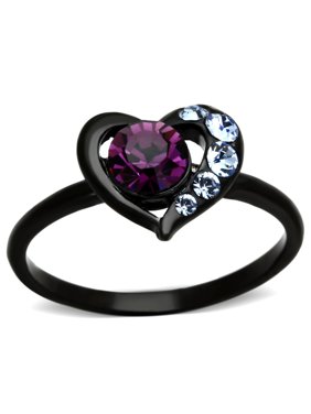 5x5mm Amethyst Round Crystal Heart Shape Womens Black IP Stainless Steel Promise Ring - Size 6