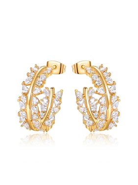 18K Gold Plated Half Hoop Gorgeous Flower Huggie Earrings W Cubic Zirconia Gift For Her Valentines Mothers Day Anniversary Christmas Birthday Wedding