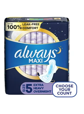 Always Maxi Overnight Pads with Wings, Size 5, Extra Heavy Overnight, 36 Ct