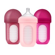 Boon Nursh Reusable Silicone Pouch Baby Bottle, Air-Free Feeding, Pink Multi Pack, 8 Oz, 3 Pk
