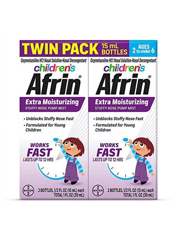 Afrin Childrens, Age 2-6, Extra Moisturizing Stuffy Kids Nasal Spray Pump Mist, 12 Hour Nasal Congestion Relief - Twin Pack, 30 mL