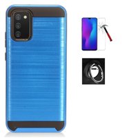 For Samsung Galaxy A02s/ A025M, Dual Layer Slim Metallic Brushed Shock Resistant Protective Cover + Ring/ Kickstand / Tempered Glass (Blue)