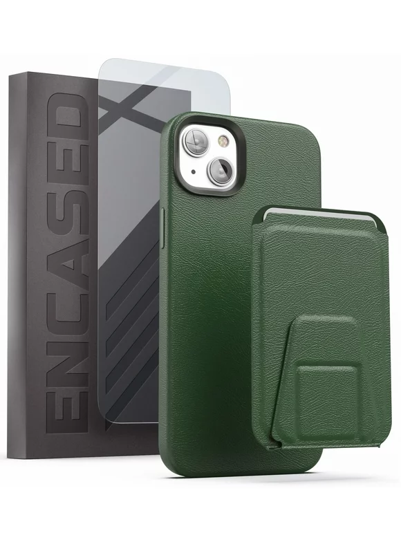 Encased MAG Case Wallet Set - Designed for iPhone 14 PLUS Leather Case with Screen Protector and Kickstand Card Holder - Compatible with MagSafe (Dark Green)