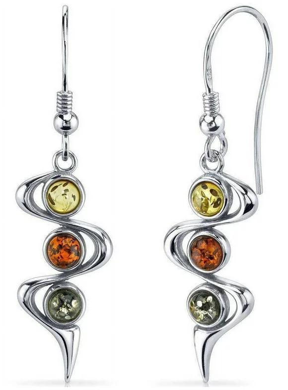Round Orange Amber Drop Earrings in Sterling Silver