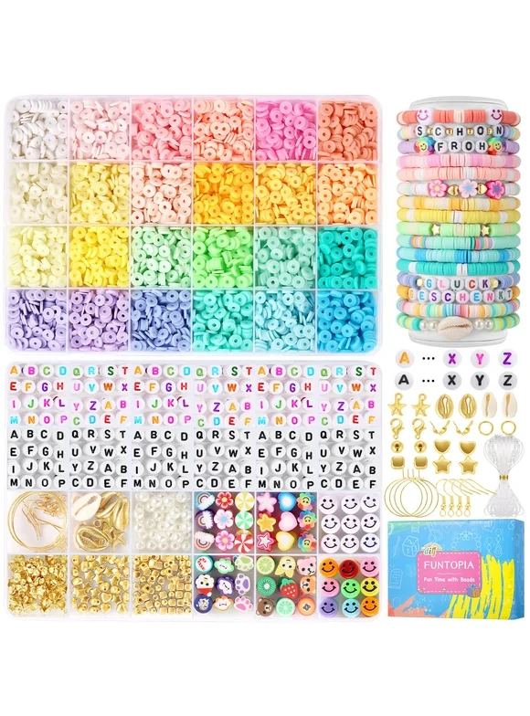 Funtopia Clay Beads for Jewelry Making, Flat Round Disc Bracelet Making Kit, Friendship Bracelets Kit with Elastic Strings for Necklace Earring, DIY Crafts Kit for Girls Ages 8-12, Gift for Teen Girls