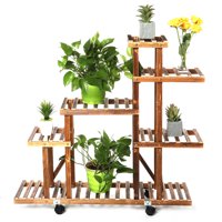 KWANSHOP 6-Layer Wooden Plant Flower Pot Stand Shelf Indoor Outdoor Garden Planter Fir Wood with Wheels 37 inch
