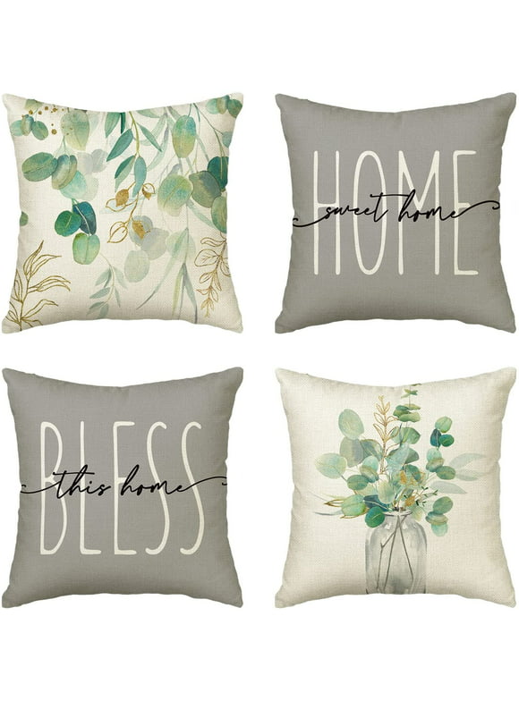 Artoid Mode Bless Home Eucalyptus Leaves Pillow Covers 18 x 18 Set of 4 Seasonal Decorative Farmhouse Outdoor Pillow Case