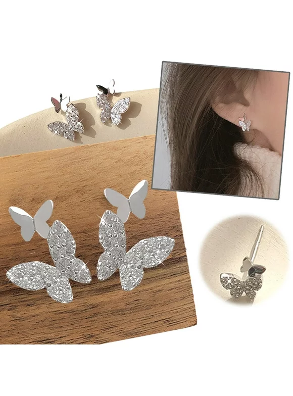 Toyfunny Luxury Silver Butterfly Stud Earrings For Women Zirconia Earring