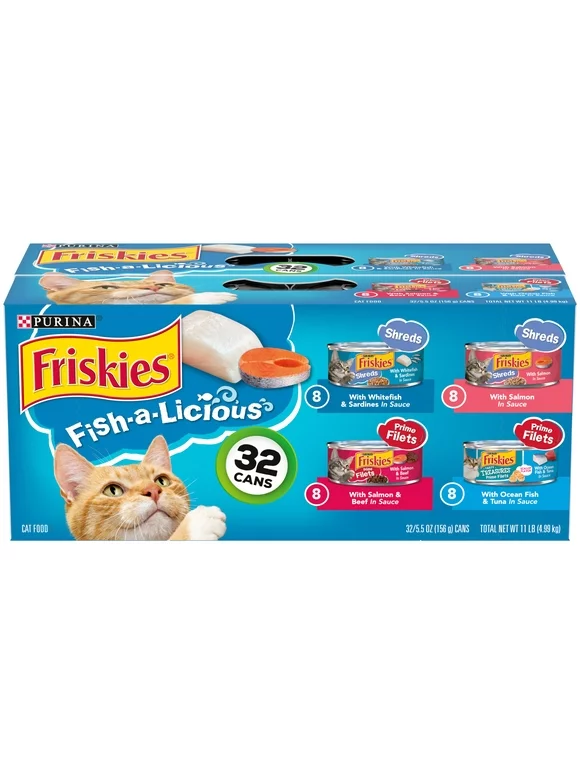 Purina Friskies Fish-A-Licious Wet Cat Food Variety Pack, 5.5 oz Cans (32 Pack)