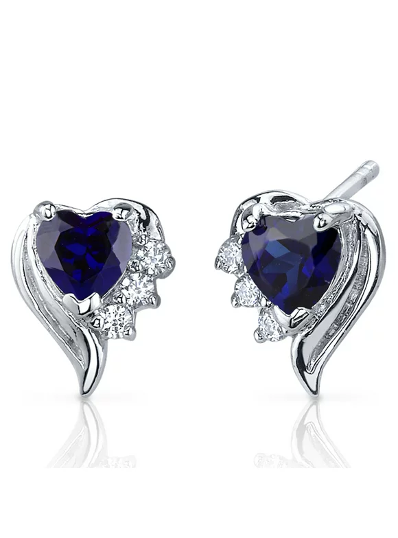 1.50 Ct Heart Shape Created Blue Sapphire CZ Accent Sterling Silver Stud Earrings Rhodium Finish