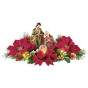 Lighted Tabletop Nativity Scene with Poinsettias, 19"L x 9"W x 8 1/2"H