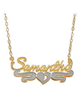 Personalized Women's Two-Tone 3-D Double Stack Script Nameplate Necklace with Heart Tail